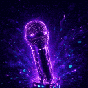 A 3D neon purple microphone pulsing with expanding blue sound wave rings.