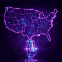 A glowing neon outline of the United States map positioned above a professional microphone with speech bubbles and sound wav…