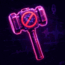 A glowing neon hammer with a prohibition symbol smashes into a magical blue portal, causing it to shatter into fragments.