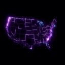 A purple neon outline of the United States map with an animated American flag waving over the northeast.
