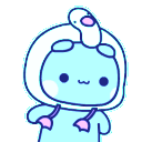 A small blue creature in a white hood with pink accents dancing happily.