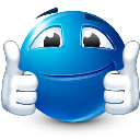 Blue sphere character with a wide smile giving a double thumbs-up gesture.