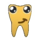 A stylized yellow tooth with large eyes and a mischievous, smug smirk.