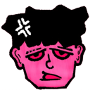 A pink-skinned character with a bored expression and an anime-style anger symbol on their forehead.