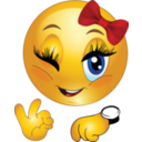 Yellow emoji face with long eyelashes and a red bow winking while making a hand gesture.