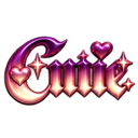 The word Cutie written in a glossy purple font, decorated with small hearts and sparkling stars.