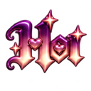 The word Hot in a glossy purple and pink gradient font, decorated with small hearts and sparkling stars.