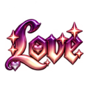 The word Love written in glossy purple and pink 3D letters decorated with glowing stars and a small heart.