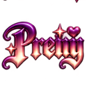 The word Pretty written in stylized purple gradient text with a small heart and sparkling stars.
