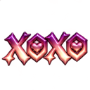 The text XOXO in a glossy purple and pink 3D font with small hearts inside the letters.