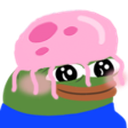 A green frog character with a shy expression and a pink, dripping substance covering its head.