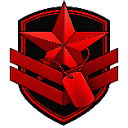 A glossy red star centered on a shield with a hanging military dog tag against a black background.