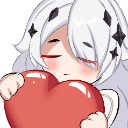 An anime girl with white hair and star accessories blushing while hugging a large red heart.