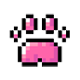 A small pixelated creature with pink accents waving its hands in a friendly gesture.