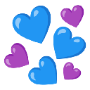 A cluster of pixelated blue and purple hearts floating together.