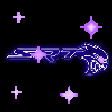A stylized logo with sharp edges surrounded by twinkling purple stars on a black background.
