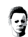 Masked face with dark, hollow eyes and a neutral, haunting expression.