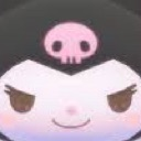 Kuromi character with a black hood and pink skull emblem wearing a smug, mischievous grin.