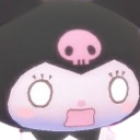 Kuromi character with wide, empty eyes and an open mouth showing a shocked expression.