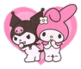 Kuromi and My Melody stand together inside a pink heart shape.