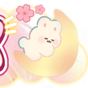 A small, fluffy white bunny sleeping peacefully on a yellow crescent moon with pink cherry blossoms in the background.