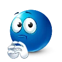 Blue emoji with wide eyes and a smirk, holding its hands together in a steepling gesture.