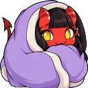 A small red demon with horns and yellow eyes wrapped tightly in a purple blanket.