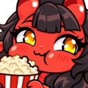 A red-skinned character with yellow eyes and dark hair eating popcorn from a striped bucket with a smug expression.