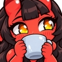 A cute anime demon girl with red skin and horns holding a white mug to her lips while looking off to the side.