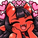A red-skinned demon girl with dark hair and horns smiling happily with her hands on her cheeks surrounded by pink hearts.