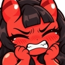 Red demon girl with horns clenching her fists and teeth in a frustrated, blushing expression.