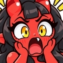 Demon girl with red skin and black hair looking shocked with wide yellow eyes and hands on her cheeks.