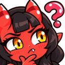 A red-skinned anime demon girl with horns and dark hair looking skeptical with a large question mark floating above her head.