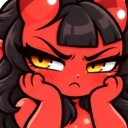 A red-skinned demon girl with black hair and horns resting her chin on her hands with an annoyed, pouting expression.