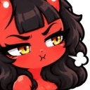A red-skinned anime girl with dark hair and yellow eyes pouting with a small puff of steam.