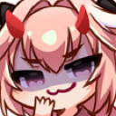 Anime girl with small red horns and a smug cat-like grin.