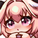 An anime character with pink hair and a blushing face looking shyly with hands held together.