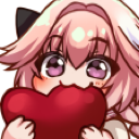 Anime character with pink hair holding a large red heart in front of their face.