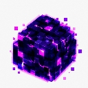 A dark purple pixelated cube surrounded by glowing purple energy particles.