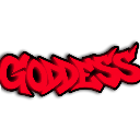 The word GODDESS written in a sharp, jagged red graffiti-style font on a black background.