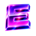 Letter E rendered in a 3D metallic style with glowing purple and pink neon edges.