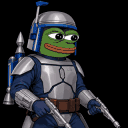 A green frog wearing silver and blue bounty hunter armor holding a blaster pistol in various combat poses.