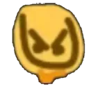 Yellow face with dark, angular eyes and a wide, mischievous smirk.