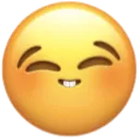 A yellow smiley face with closed eyes and two front teeth showing a shy, bashful expression.