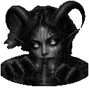 A dark creature with large horns and glowing eyes peeks out from the bottom of the frame.