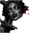A demonic female figure with horns and white eyes blowing a kiss with floating red hearts.