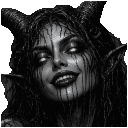 Demon with glowing eyes and a sharp, smug smirk against a dark background.