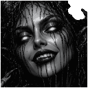 A woman with dark hair and fangs has a sinister grin and glowing white eyes in a high-contrast black and white style.