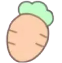 Carrot with a light green leafy top and a rounded orange body in a flat, cute style.