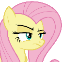 Fluttershy the yellow pony with pink hair giving a skeptical and annoyed side-eye look.